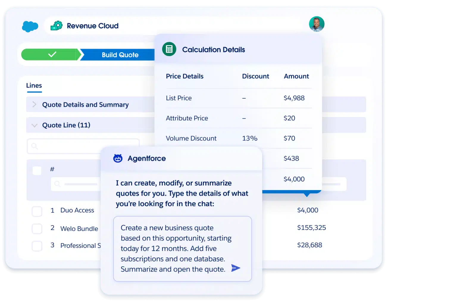 Salesforce Revenue Cloud: Angebot mit Preisdetails und Agentforce-Assistent